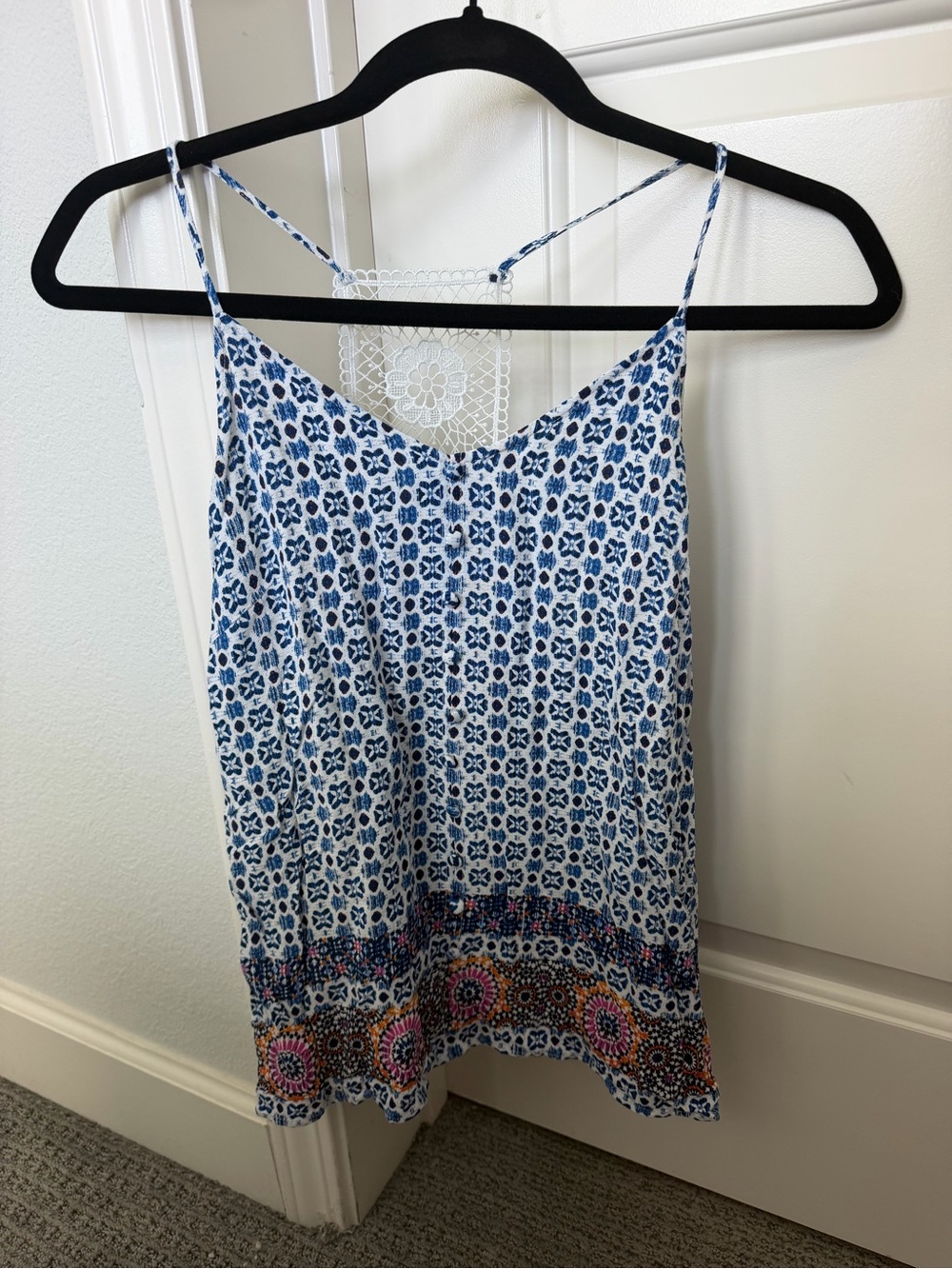 Blue Rain Blue and White Printed Spaghetti Strap Camisole with Multicolor Hem